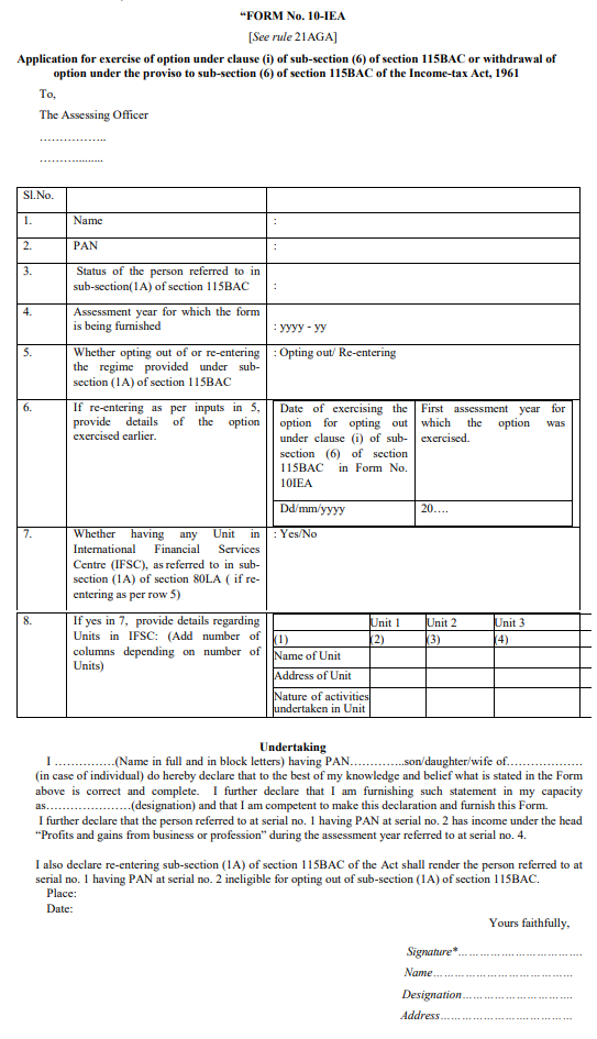 New Income Tax Form to opt Old tax regime : Form 10IEA